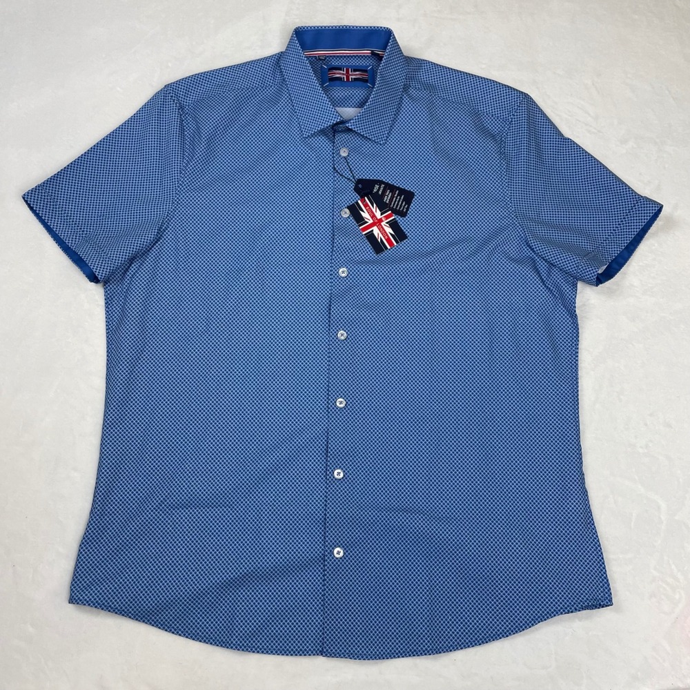 Soul of London Button Up Shirt Mens XL Blue NWT Short Sleeve Geometric Stretch